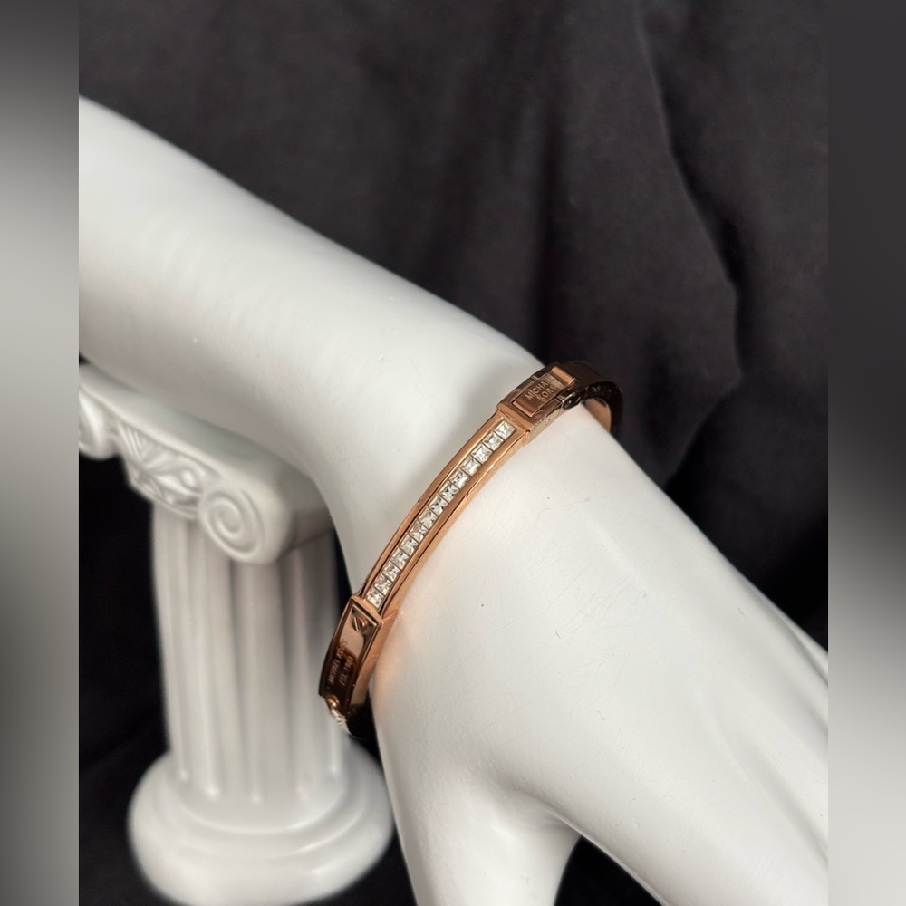 Michael Kors Rose Gold-Tone Baguette Hinge Logo Bangle Bracelet